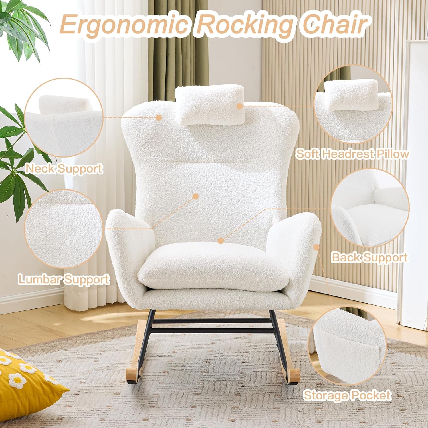 Modern Rocking Armchair with High Backrest & Armrests | Faux Shearling Teddy Velvet | Cozy Nursing Chair for Bedroom & Living Room