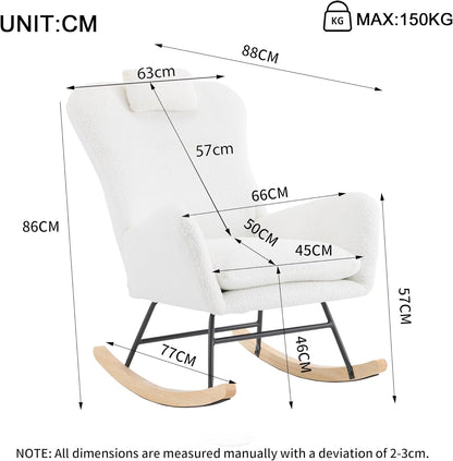 Modern Rocking Armchair with High Backrest & Armrests | Faux Shearling Teddy Velvet | Cozy Nursing Chair for Bedroom & Living Room